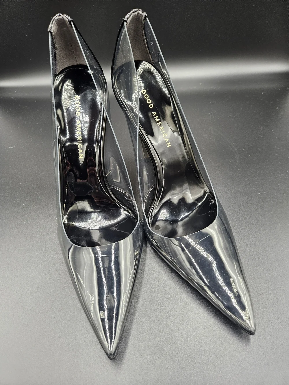 Good American Clear PVC Pointed-Toe Stilettos with Black Trim
